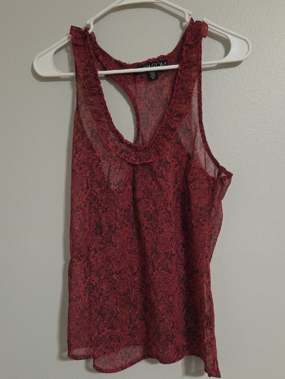 Volcom Pink And Black Patterned Sheer Ruffle-Trim Racerback Tank - Picture 1 of 4